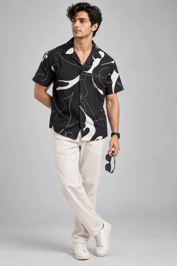 ARVEST_Black_Abstract_Print_Linen_Half-Sleeve_Shirt