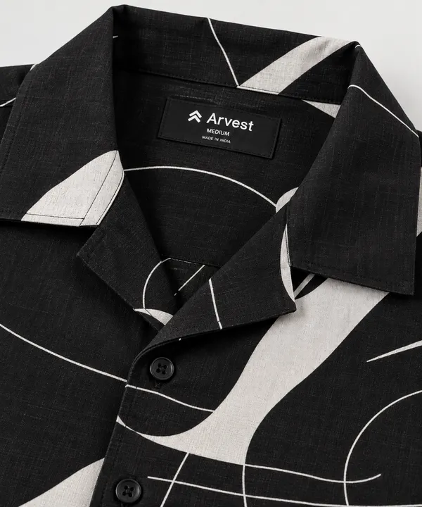 ARVEST_Black_Abstract_Print_Linen_Half-Sleeve_Shirt