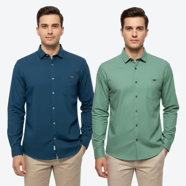 Teal_Blue_&_Sea_Green_(Pack_Of_2)_Combo_Cotton_Plain_Shirts_For_Men