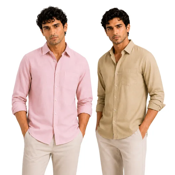 Khakhi_&_Pink_Pack_Of_2_Linen_Plain_Premium_Shirts_For_Men