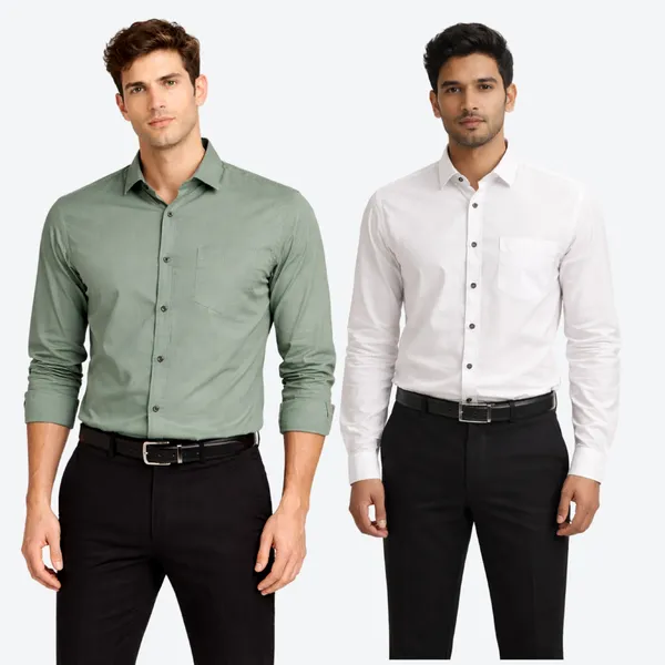 Dark_Sage_Green_&_White__(Pack_of_2)Combo_Cotton_Plain_Shirts_For_Men