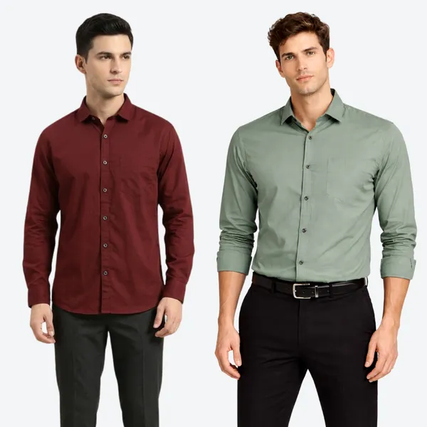 Maroon_&_Dark_Sage_Green_(Pack_of_2)Combo_Cotton_Plain_Shirts_For_Men