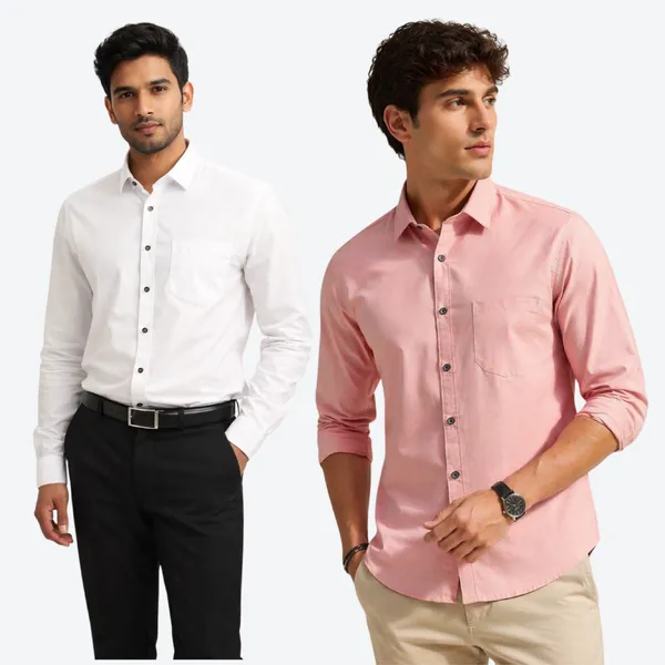 White_&_Dusty_Rose_(Pack_of_2)Combo_Cotton_Plain_Shirts_For_Men
