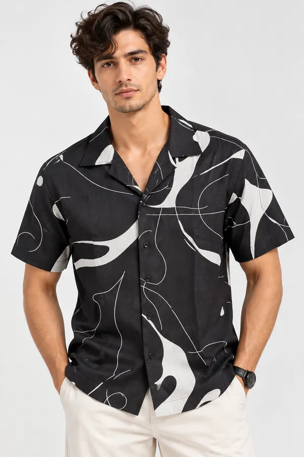 ARVEST_Black_Abstract_Print_Linen_Half-Sleeve_Shirt