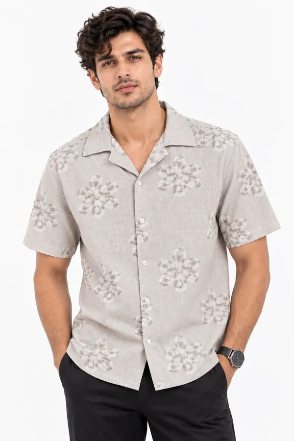 ARVEST_Beige_Floral_Embroidered-Look_Linen_Half-Sleeve_Shirt