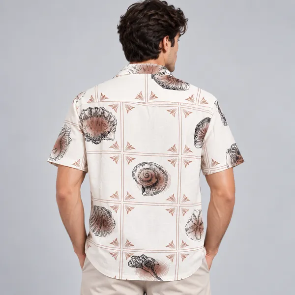 ARVEST_Ivory_Seashell_Print_Linen_Half-Sleeve_Shirt