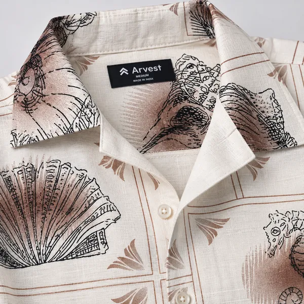ARVEST_Ivory_Seashell_Print_Linen_Half-Sleeve_Shirt