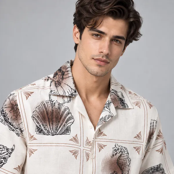 ARVEST_Ivory_Seashell_Print_Linen_Half-Sleeve_Shirt