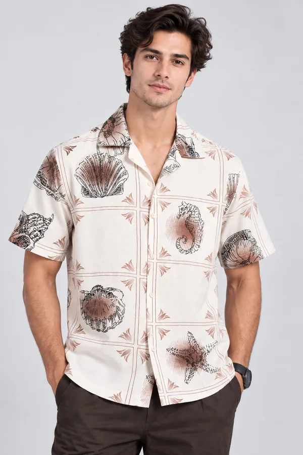 ARVEST_Ivory_Seashell_Print_Linen_Half-Sleeve_Shirt