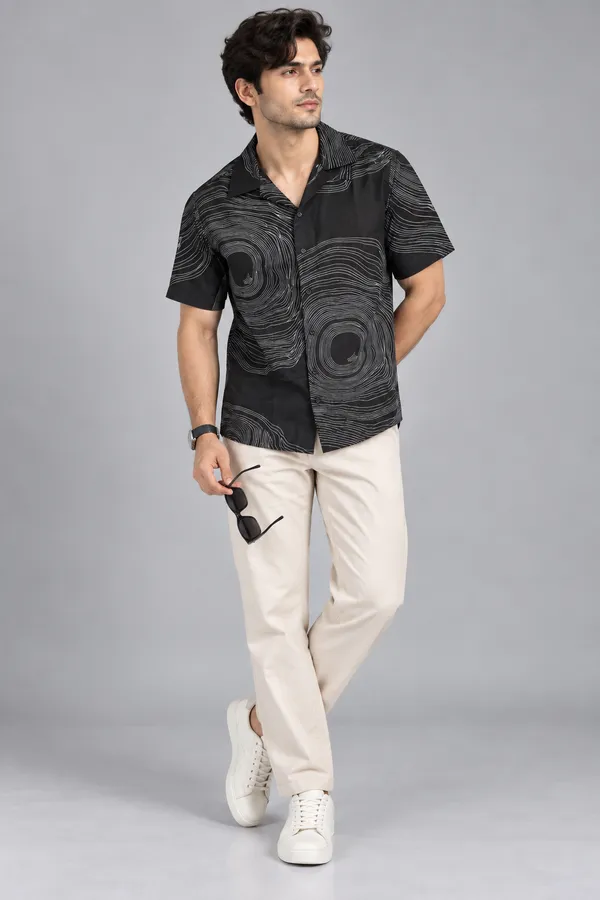 ARVEST_Black_Topographic_Print_Linen_Half-Sleeve_Shirt