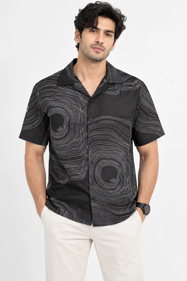 ARVEST_Black_Topographic_Print_Linen_Half-Sleeve_Shirt