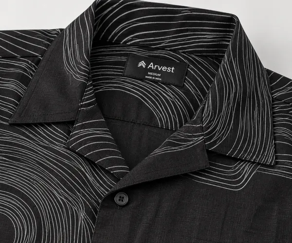 ARVEST_Black_Topographic_Print_Linen_Half-Sleeve_Shirt
