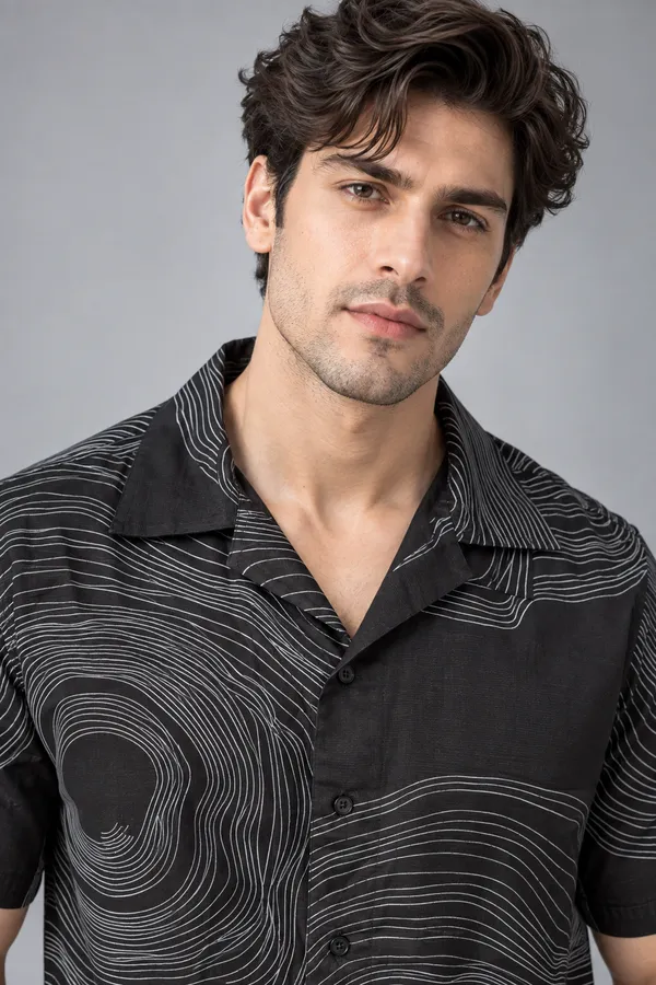 ARVEST_Black_Topographic_Print_Linen_Half-Sleeve_Shirt