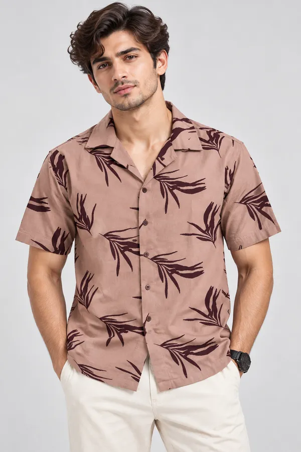 ARVEST_Dusty_Rose_Leaf_Print_Linen_Half-Sleeve_Shirt