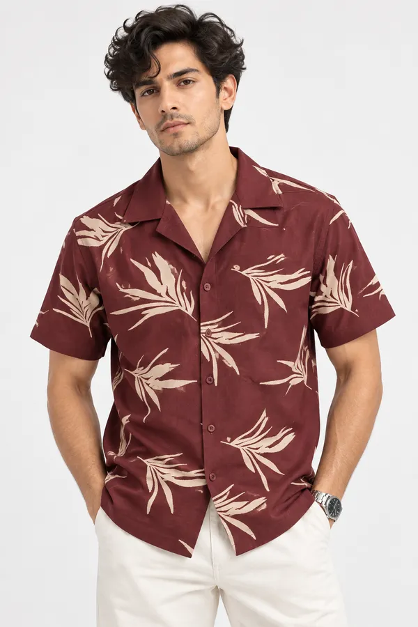 ARVEST_Burgundy_Tropical_Leaf_Print_Linen_Half-Sleeve_Shirt