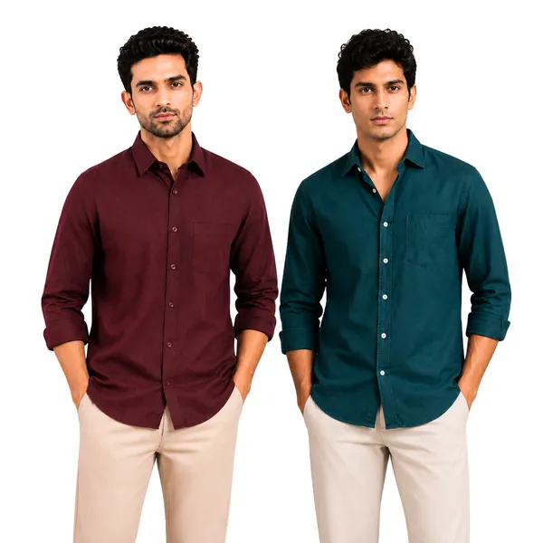 Burgundy_&_Dark_Teal_Green_Pack_Of_2_Linen_Plain_Premium_Shirts_For_Men