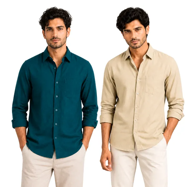 Dark_Teal_Green_&_Khakhi_Of_2_Linen_Plain_Premium_Shirts_For_Men