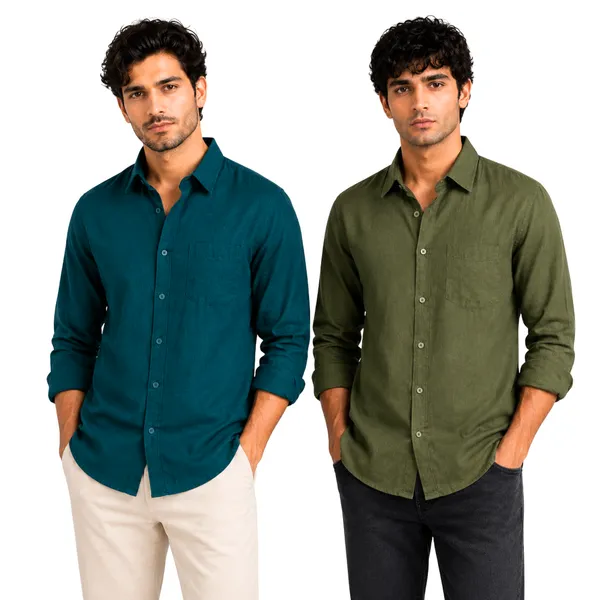 Dark_Teal_Green_&_Olive_Green_Of_2_Linen_Plain_Premium_Shirts_For_Men