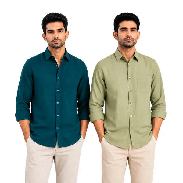 Dark_Teal_Green_&_Sage_Green_Of_2_Linen_Plain_Premium_Shirts_For_Men