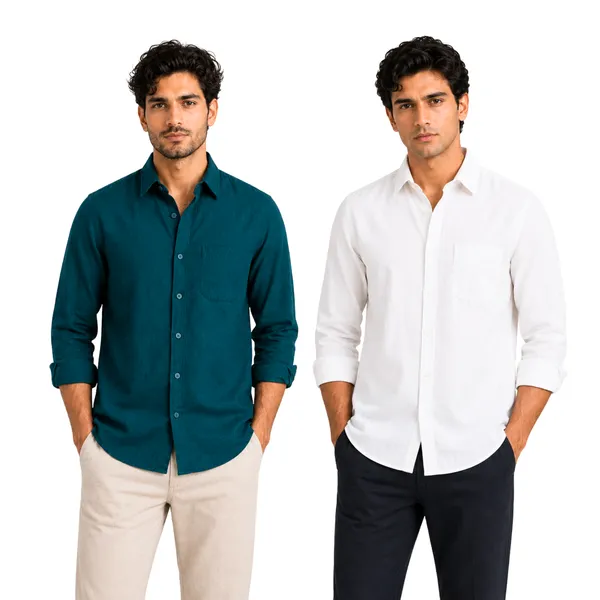 Dark_Teal_Green_&_White_Of_2_Linen_Plain_Premium_Shirts_For_Men
