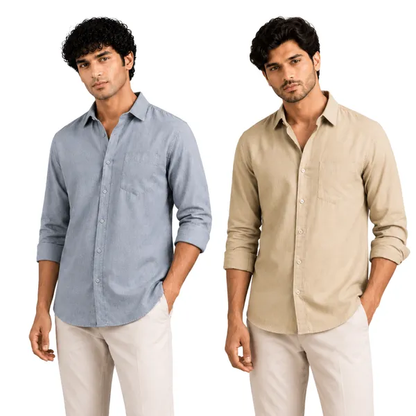 Dusty_Blue_&_Khakhi_Of_2_Linen_Plain_Premium_Shirts_For_Men