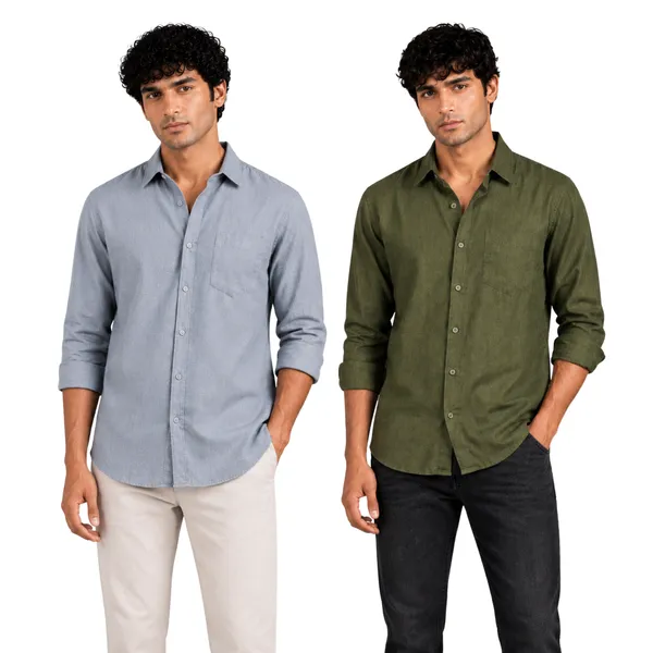 Dusty_Blue_&_Olive_Green_Of_2_Linen_Plain_Premium_Shirts_For_Men