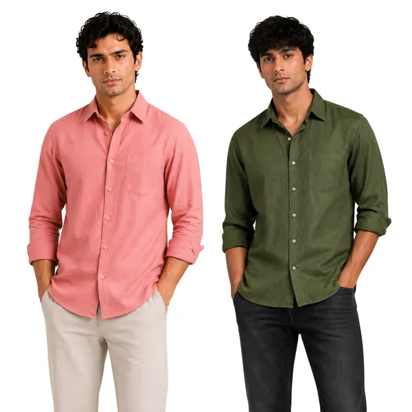 Dusty_Rose_&_Olive_Green_Of_2_Linen_Plain_Premium_Shirts_For_Men