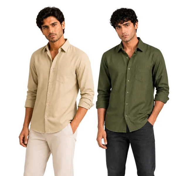 Khakhi_&_Olive_Green_Of_2_Linen_Plain_Premium_Shirts_For_Men