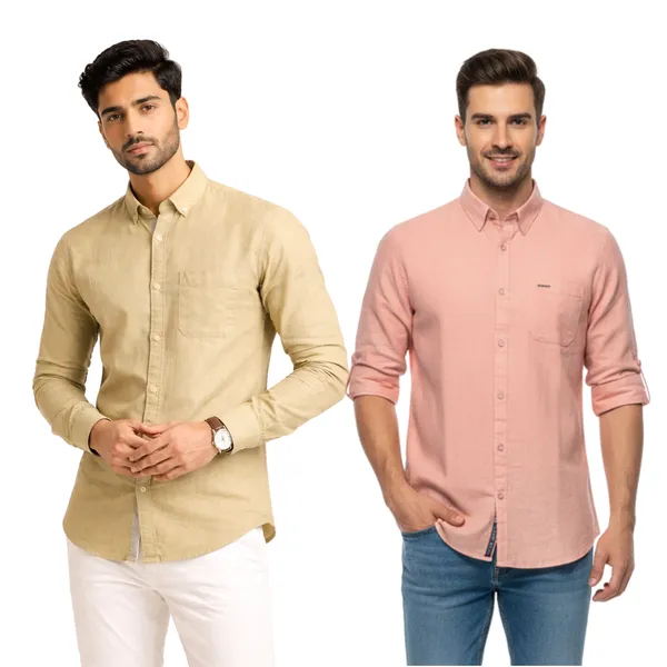 Khakhi_&_Peach_Pack_Of_2_Linen_Plain_Premium_Shirts_For_Men