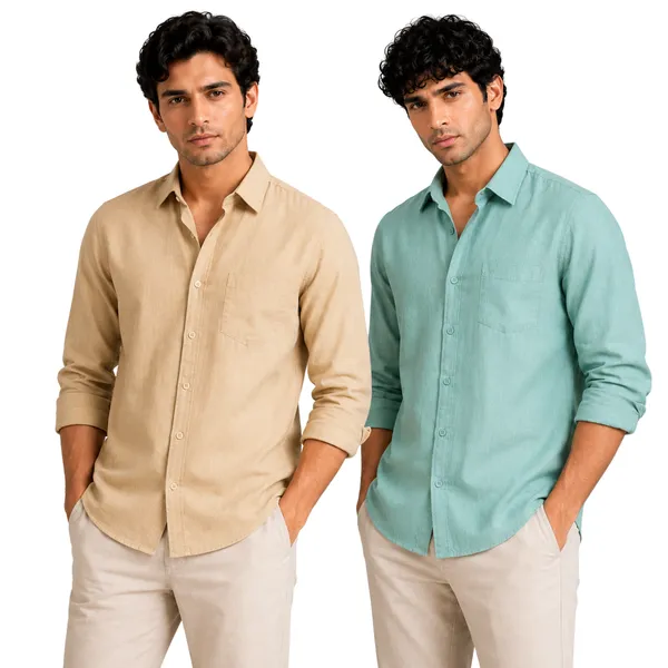 Khakhi_&_Sage_Mint_Of_2_Linen_Plain_Premium_Shirts_For_Men