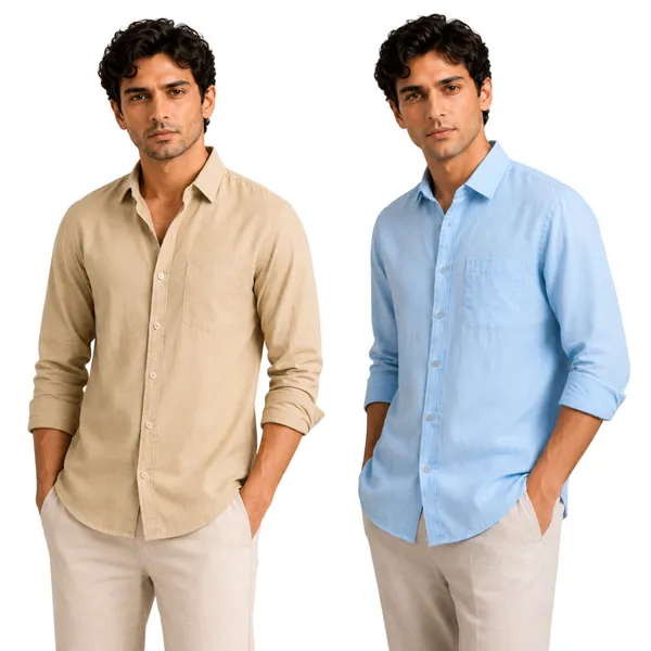 Khakhi_&_Sky_Blue_Of_2_Linen_Plain_Premium_Shirts_For_Men