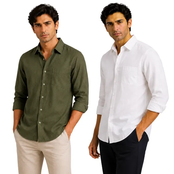 Olive_Green_&_White_Of_2_Linen_Plain_Premium_Shirts_For_Men