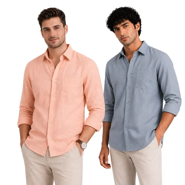 Peach_&_Dusty_Blue_Of_2_Linen_Plain_Premium_Shirts_For_Men