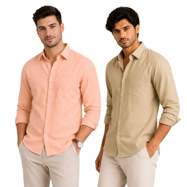 Peach_&_Khakhi_Of_2_Linen_Plain_Premium_Shirts_For_Men
