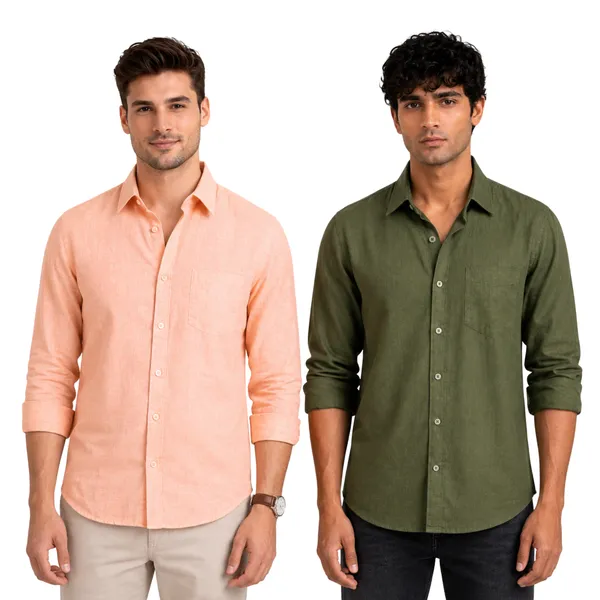 Peach_&_Olive_Green_Of_2_Linen_Plain_Premium_Shirts_For_Men