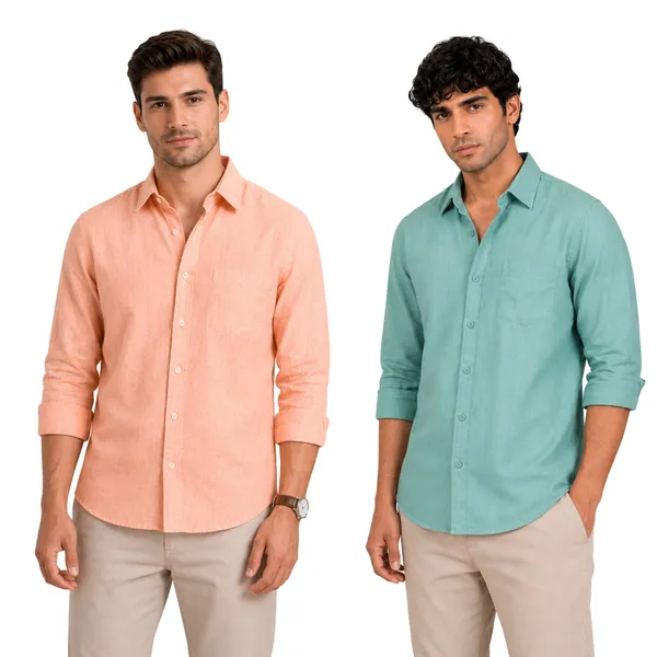 Peach_&_Sage_Mint_Of_2_Linen_Plain_Premium_Shirts_For_Men