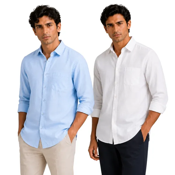 Sky_Blue_&_White_Of_2_Linen_Plain_Premium_Shirts_For_Men