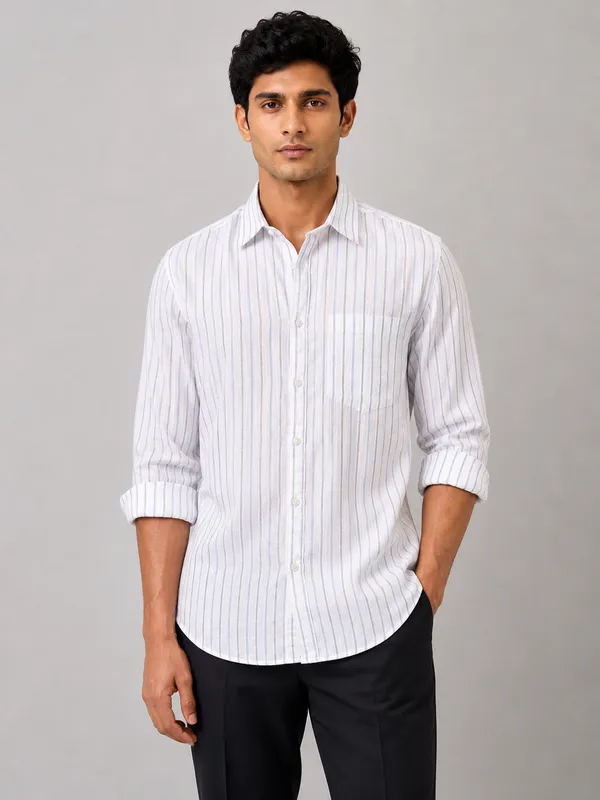 ARVEST_White_Blue_Multi-Line_Linen_Shirt