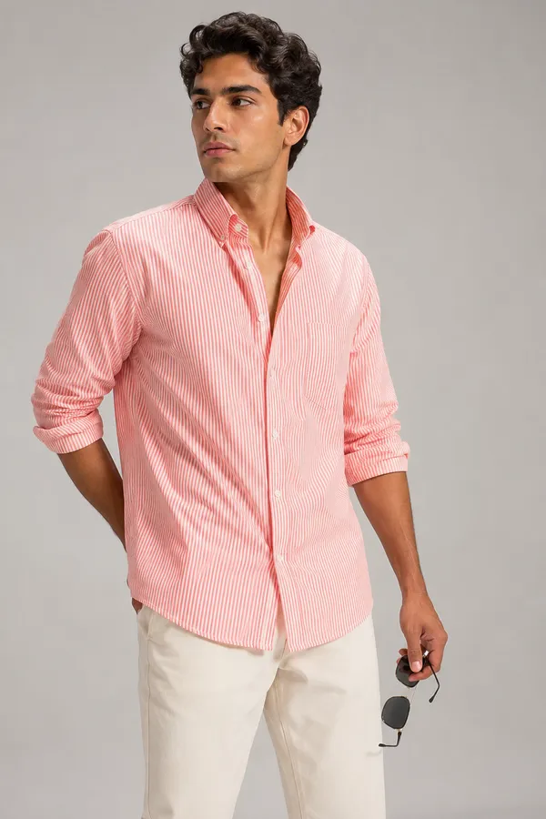 ARVEST_Coral_Pink_Oxford_Stripe_Premium_Cotton_Shirt