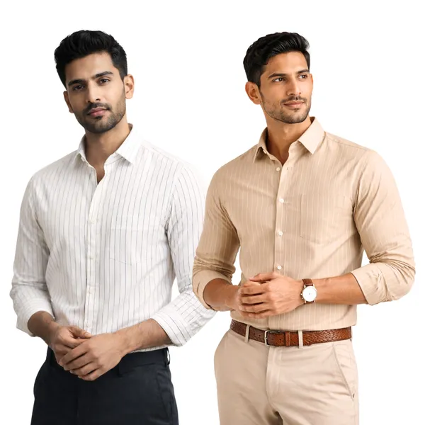 White_&_Khakhi_Of_2_Pinstripe_Premium_Shirts_For_Men