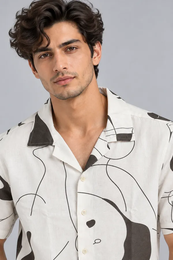 ARVEST_Ivory_Abstract_Line_Print_Linen_Half-Sleeve_Shirt