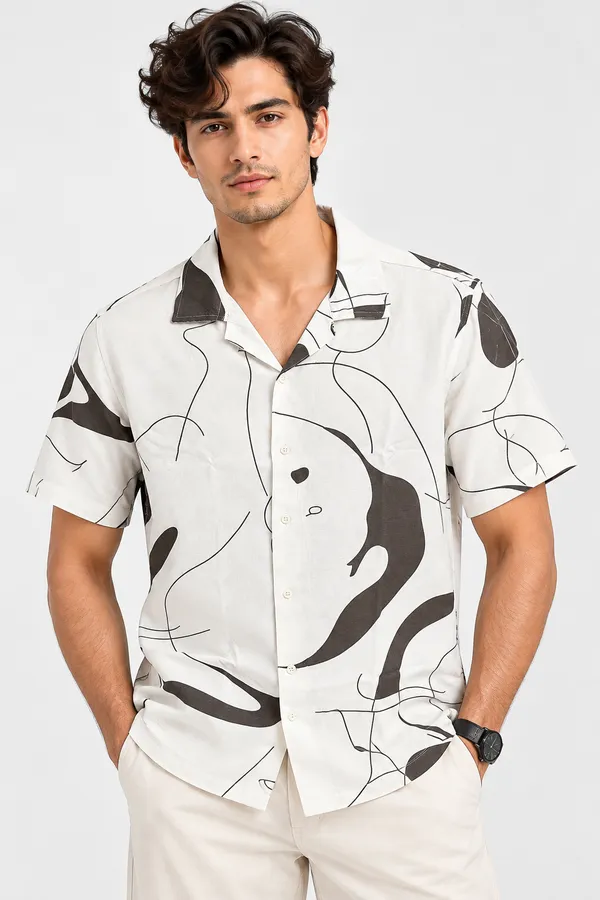 ARVEST_Ivory_Abstract_Line_Print_Linen_Half-Sleeve_Shirt