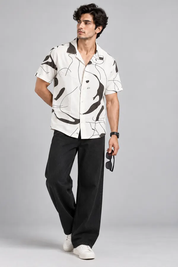 ARVEST_Ivory_Abstract_Line_Print_Linen_Half-Sleeve_Shirt