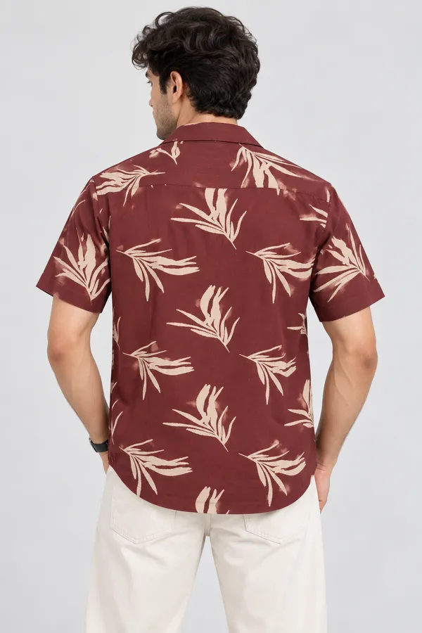 ARVEST_Burgundy_Tropical_Leaf_Print_Linen_Half-Sleeve_Shirt