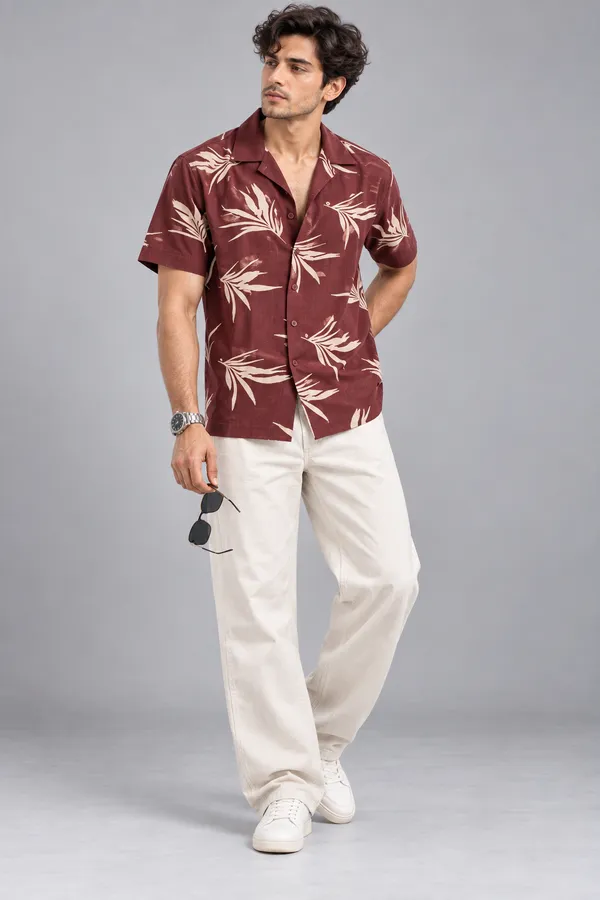 ARVEST_Burgundy_Tropical_Leaf_Print_Linen_Half-Sleeve_Shirt