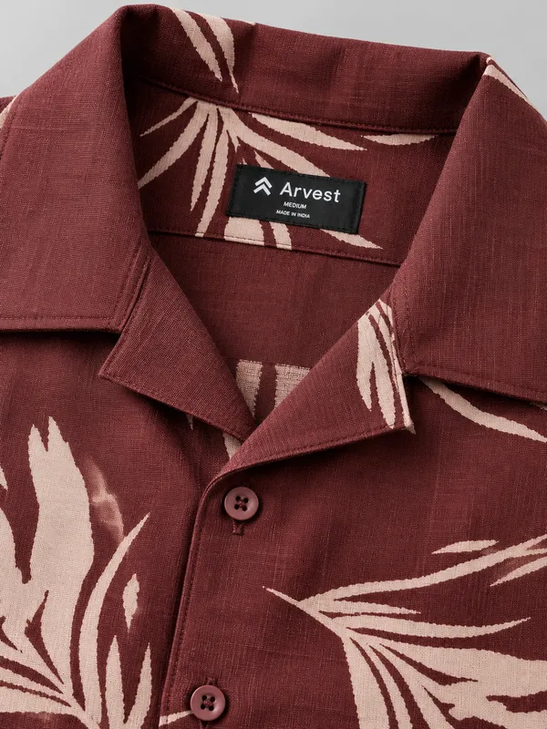 ARVEST_Burgundy_Tropical_Leaf_Print_Linen_Half-Sleeve_Shirt