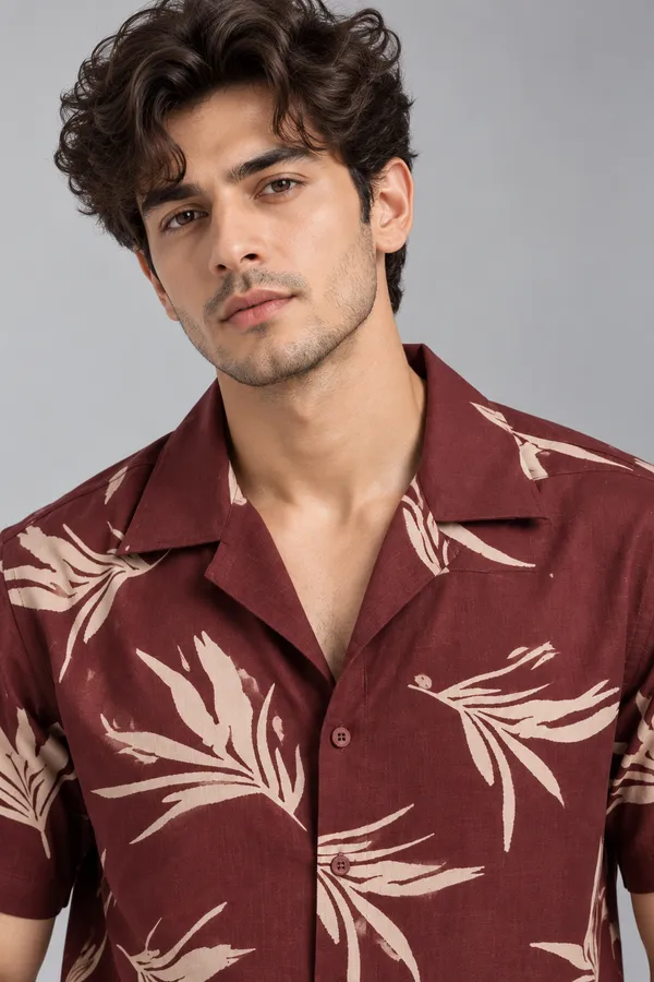 ARVEST_Burgundy_Tropical_Leaf_Print_Linen_Half-Sleeve_Shirt
