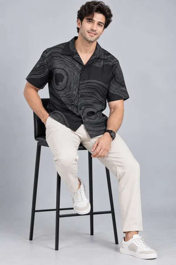 ARVEST_Black_Topographic_Print_Linen_Half-Sleeve_Shirt