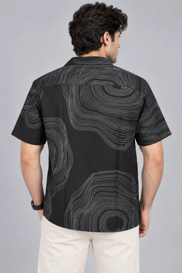 ARVEST_Black_Topographic_Print_Linen_Half-Sleeve_Shirt