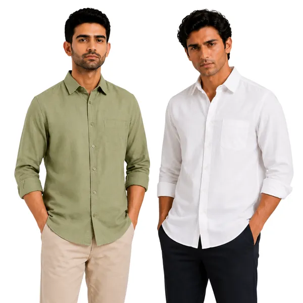 Sage_Green_&_White_Pack_Of_2_Linen_Plain_Premium_Shirts_For_Men